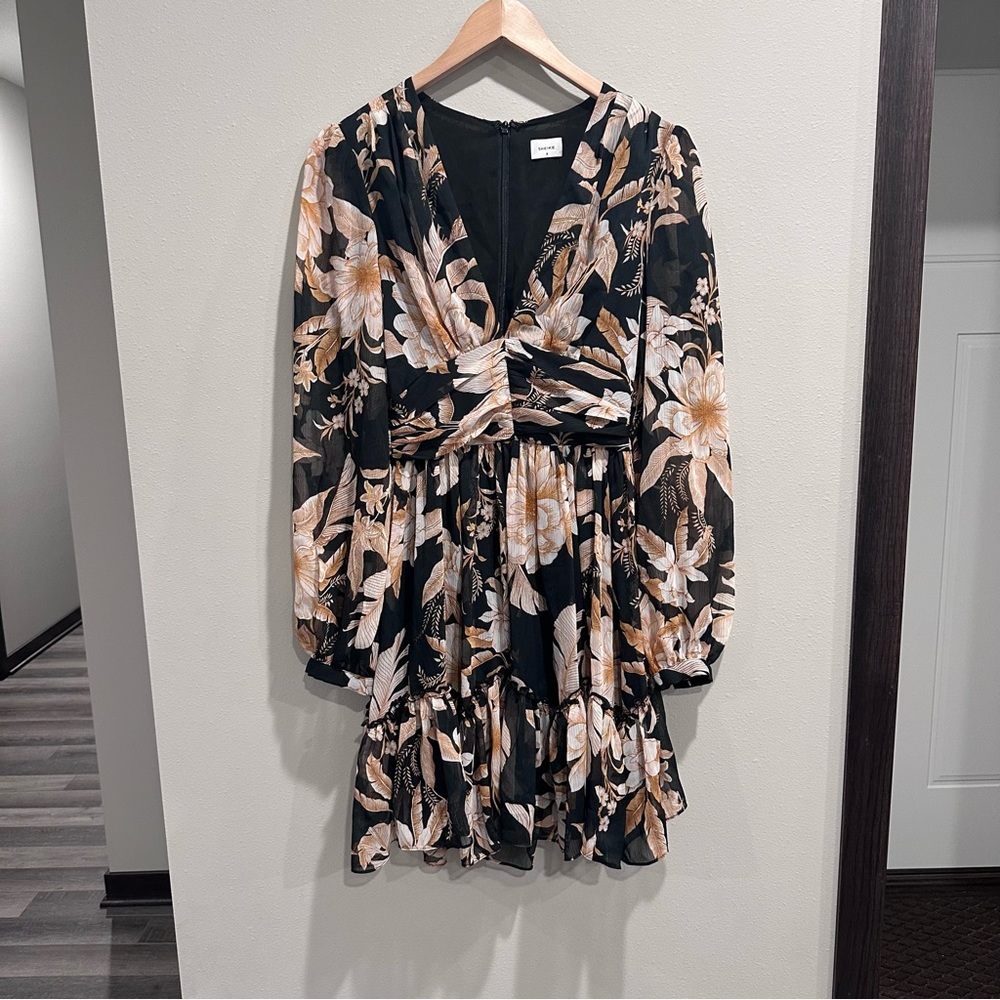 SHEIKE Plunging Neck Sheer Long Sleeve Brown Black Floral Tropical Mini Dress - Picture 2 of 15
